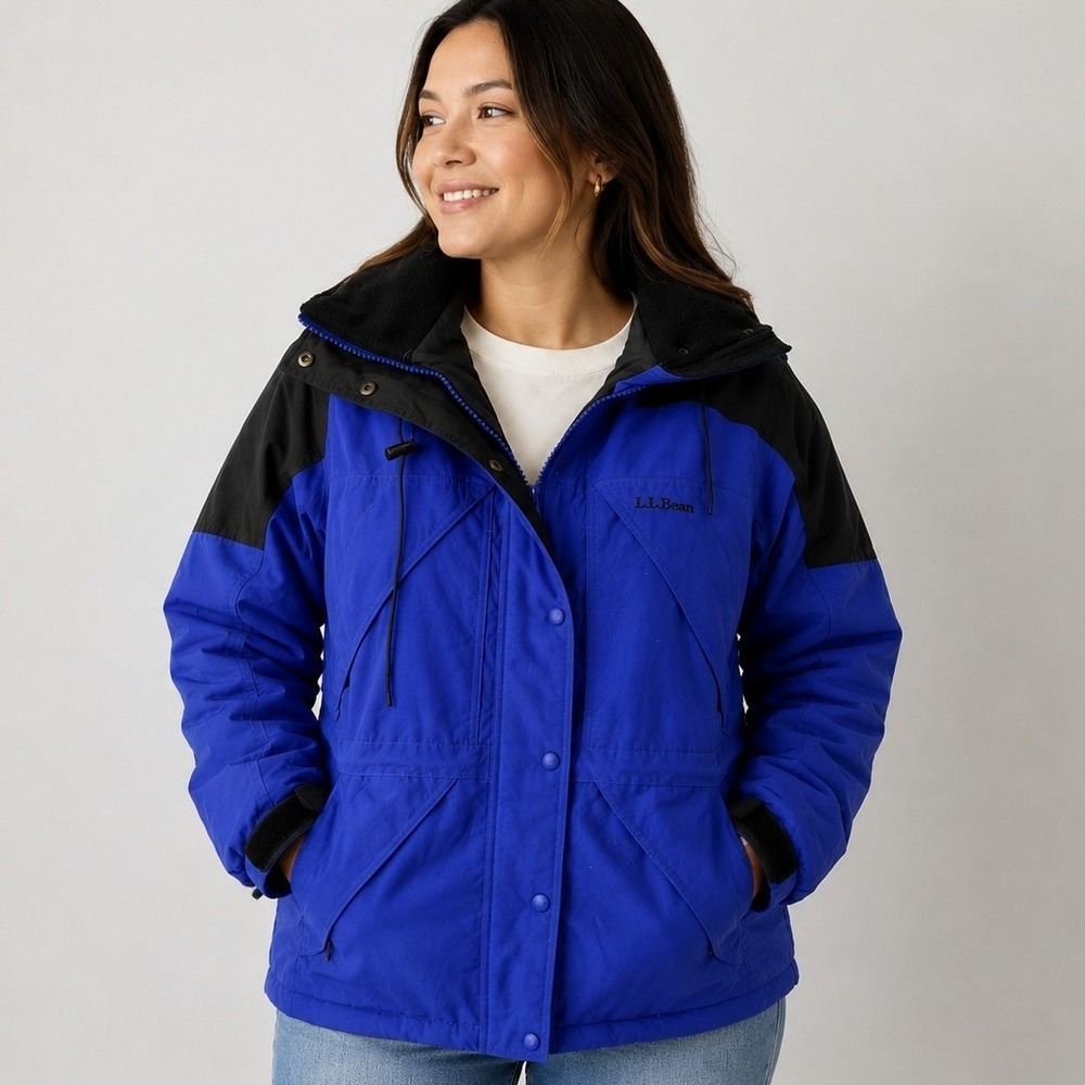 LL Bean Blue Black Winter Parka Hooded Insulated Jacket Women's Size S